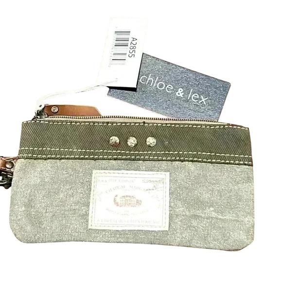 Chloe & Lex NEW Chateau Margaux Wristlet Olive Leather Strap Patch Zipper NWT - Picture 1 of 6